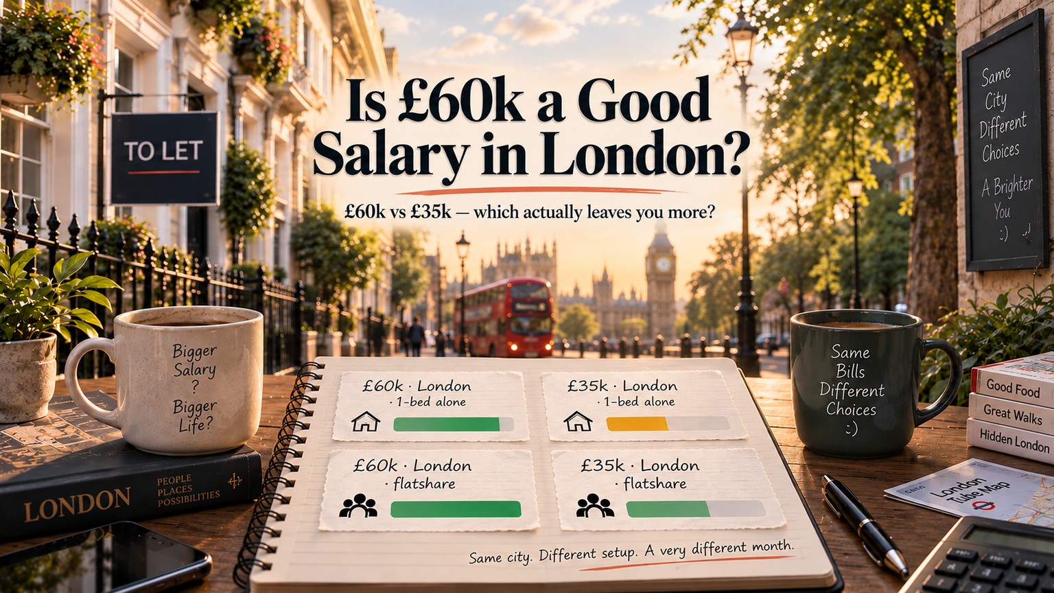 A London street at golden hour, with a To Let sign, a red bus and Big Ben beyond. On a cafe table, a notebook shows four cards: £60k and £35k, each alone in a one-bed and in a flatshare, with a coloured bar for what's left. Handwritten below: same city, different setup.