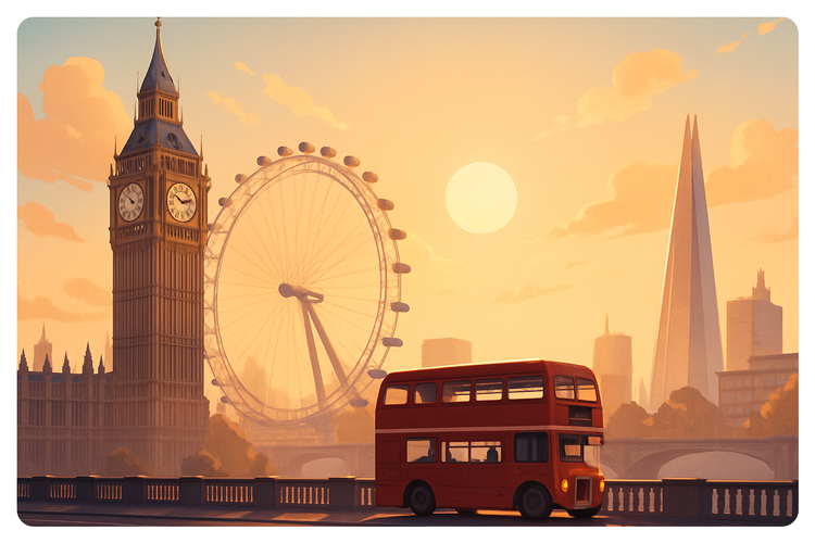 Illustration of central London skyline featuring Big Ben, Tower Bridge, double-decker buses, representing modern London life and cost-of-living.